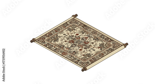 Decorative persian rug with floral motif in isometric style
