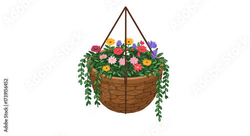 Vibrant hanging basket with colorful blooms and green foliage
