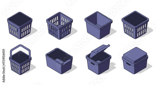 Set of isometric plastic containers and baskets in various styles and shapes