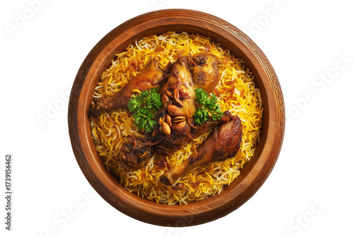 Kabsa bowl spiced biryani with lamb or chicken, rice, nuts, and raisins in wooden bowl, isolated on white transparent background. Concept of Arabic cuisine