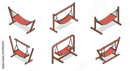 Isometric hammock set with various wooden stand designs for relaxation