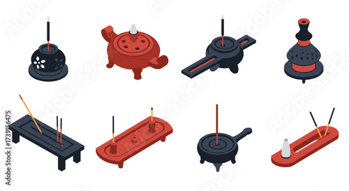 Isometric incense burners collection: unique designs in red and black