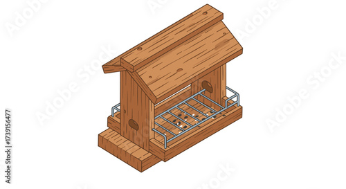 Isometric wooden bird feeder with metal grid for outdoor gardens