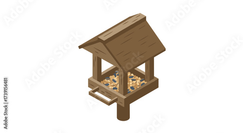 Isometric wooden bird feeder filled with seeds on white background