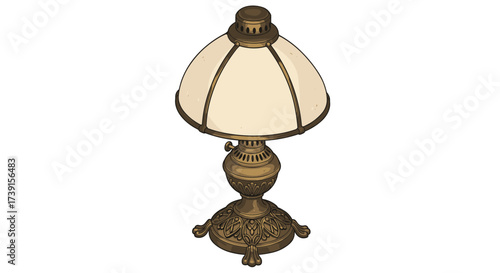 Vintage metal table lamp with detailed ornate base and glass shade