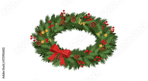 Festive christmas wreath with red bow and pine cones on greenery