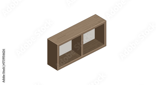 Isometric wooden shelf with open compartments on white background