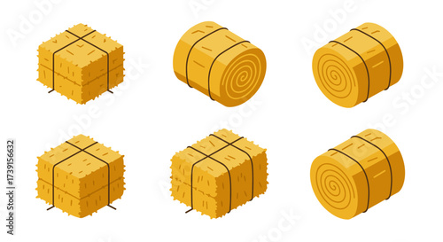 Isometric hay bales: agriculture icons featuring round and square shapes