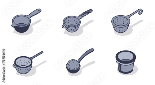 Isometric kitchen strainers and ladles collection in minimal style approach