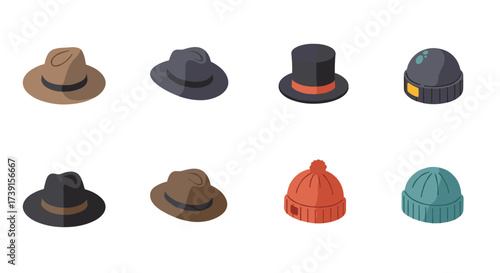 Collection of eight stylish hats in isometric design