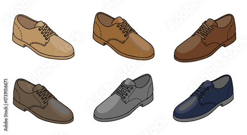 Isometric collection of men's dress shoes in various colors and styles