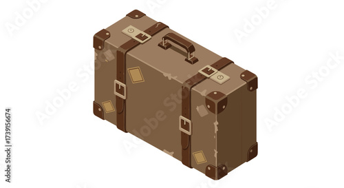 Isometric brown suitcase with leather straps and travel stickers - vintage travel concept