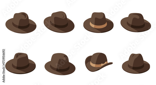 Various brown cowboy hats collection on white background