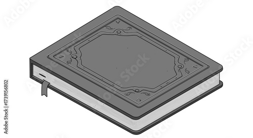 Isometric closed book with intricate cover design and ribbon bookmark