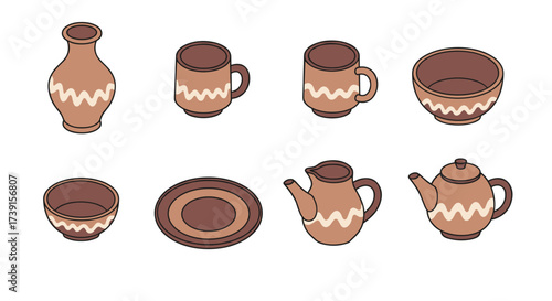 Handcrafted ceramic pottery set featuring cups and teapots in flat design