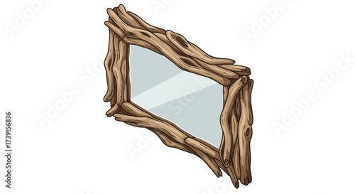 Driftwood frame mirror on white background with natural rustic design