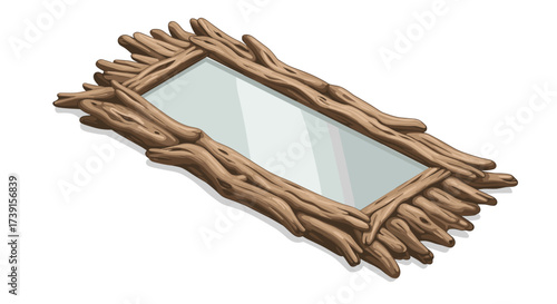 Rustic driftwood framed mirror with natural texture on white background
