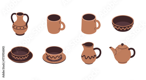 Isometric clay pottery set with various shapes on white background