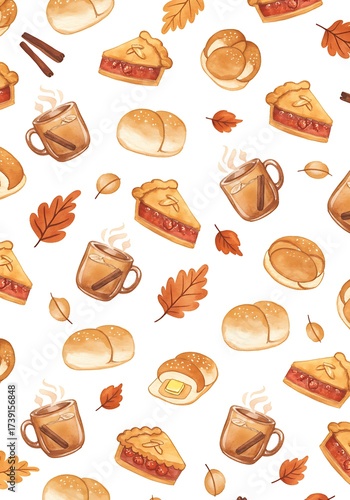 Autumnal baked goods pattern with warm cider and falling leaves