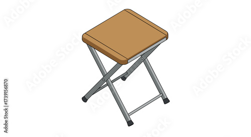Isometric wooden foldable stool with metal legs for modern interiors