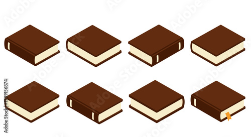 Isometric hardcover books: collection of brown books at different angles
