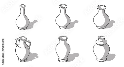 Six varied isometric ceramic vases with shadows on white background