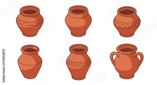 Collection of clay pottery with decorative patterns on white background