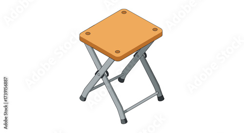 Isometric foldable stool with orange wooden seat on white background