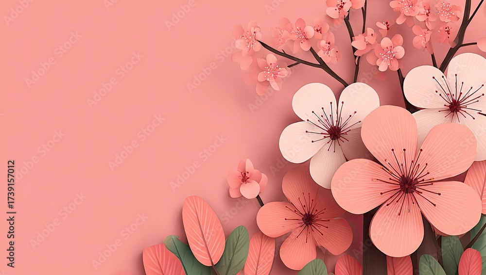 Fototapeta premium Delicate blossoms and leaves in soft pinks and greens.