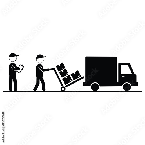 Creative design vector art of delivery workers loading boxes onto a truck, representing logistics and shipping