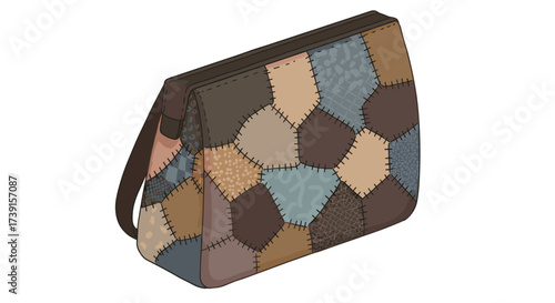 Patchwork hexagon tote bag with earth tones and abstract patterns
