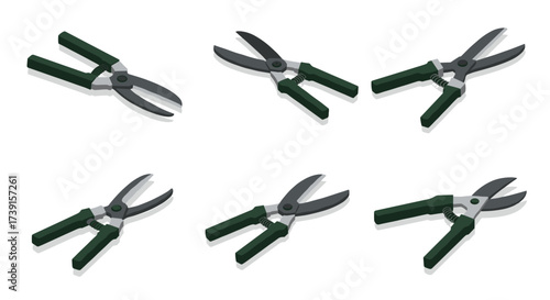 Set of garden pruning shears in isometric view with green handles