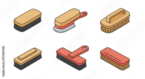 Collection of diverse wooden cleaning brushes with handles in isometric style