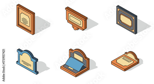 Isometric retro nameplates collection with varied design styles