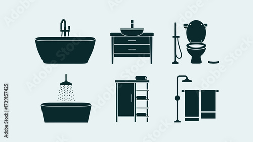 Vector silhouette illustrations of modern bathroom fixtures and furniture scalable eps graphics silhouette White background