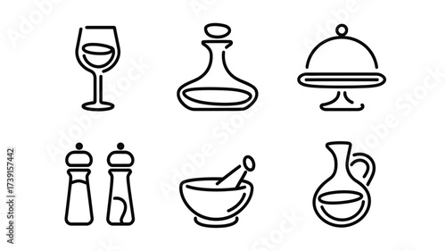 Scalable vector graphics six single line icons representing food preparation and serving tools and utensils collection silhouette White background
