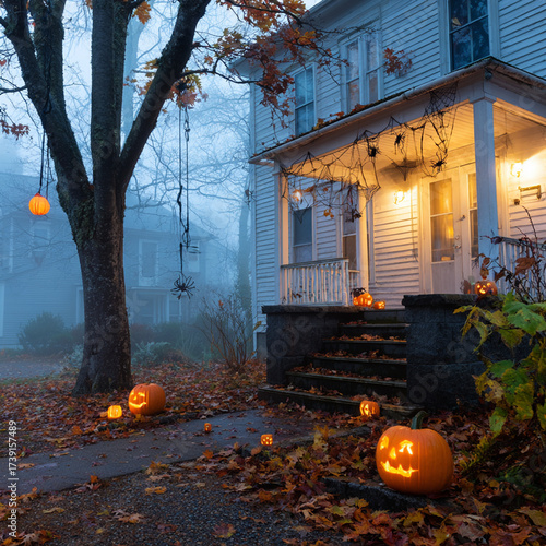 spooky Halloween pumpkins in front of the house