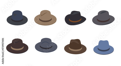 Collection of classic fedora hats in various colors and perspectives