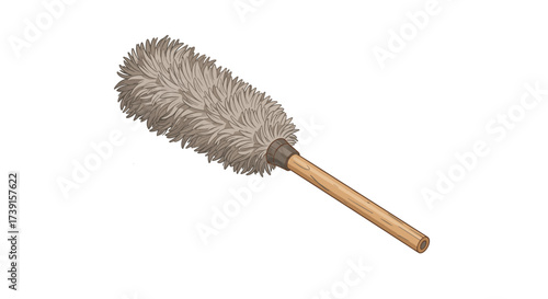 Detailed feather duster with wooden handle on white background