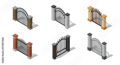 Isometric designs of modern ornamental iron gates on white background