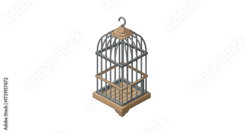Empty isometric bird cage with wooden base and metal bars