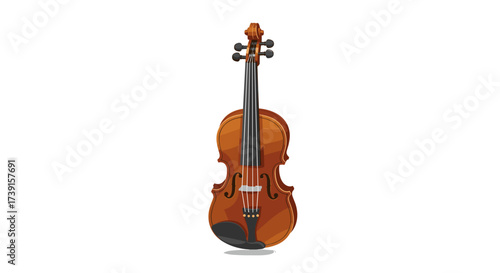 Realistic wooden violin on white background with detailed strings and tuning pegs