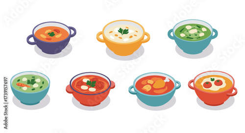 Colorful set of soup bowls with various ingredients in isometric style