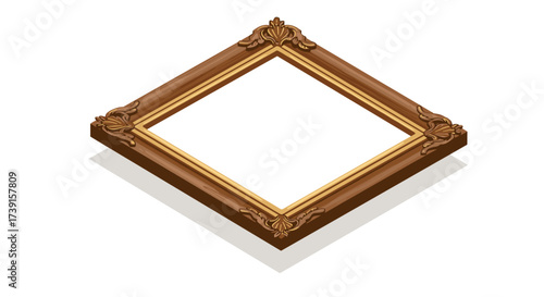 Ornate wooden square frame with shadow on white background