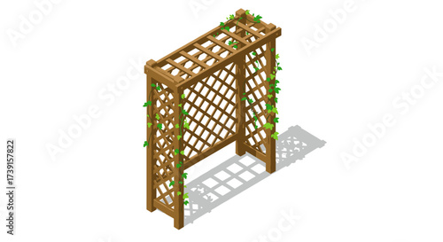 Isometric wooden garden trellis with climbing vines