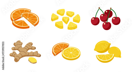 Fresh fruit and spice: orange, pineapple, cherry, ginger, lemon in a vibrant flat design