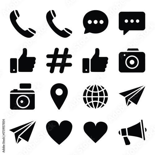 Scalable vector silhouette icon set for communication and social media eps format silhouette White background
