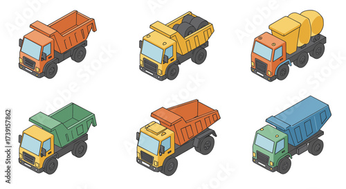 Isometric dump and cement trucks set in multiple colors