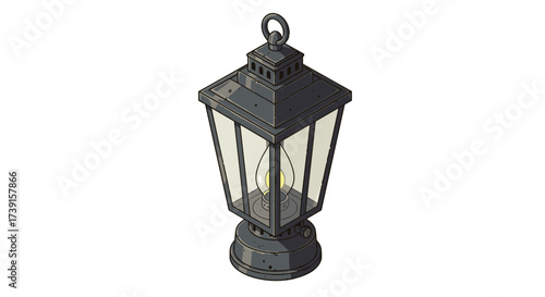 Vintage lantern with glass panels and candle design in isometric style