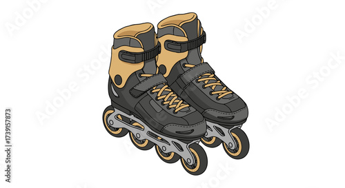 Stylish inline skates in detailed colored drawing with orange accents